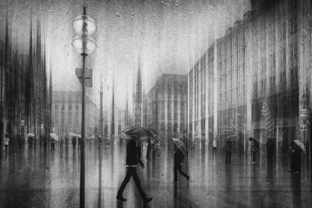 Rainy Day City Walk by Roswitha Schleicher-Schwarz — canvas wall art