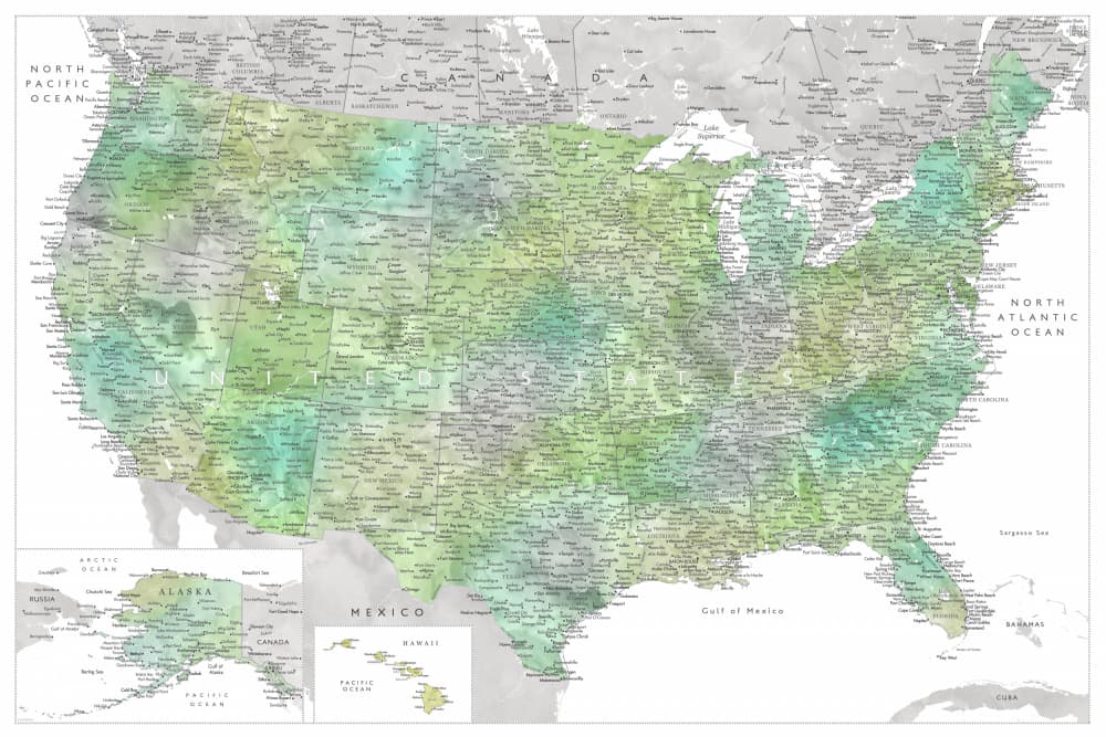 USA Watercolor Map by Rosana Laiz Blursbyai — canvas wall art