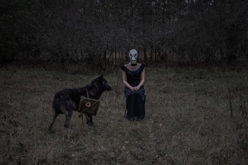 Gas Mask Woman Field by Olga Barantseva — canvas wall art