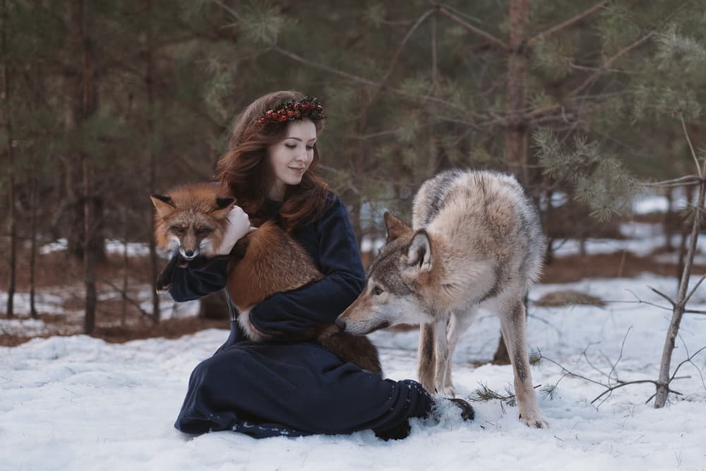 Forest Woman Wolf Fox by Olga Barantseva — canvas wall art