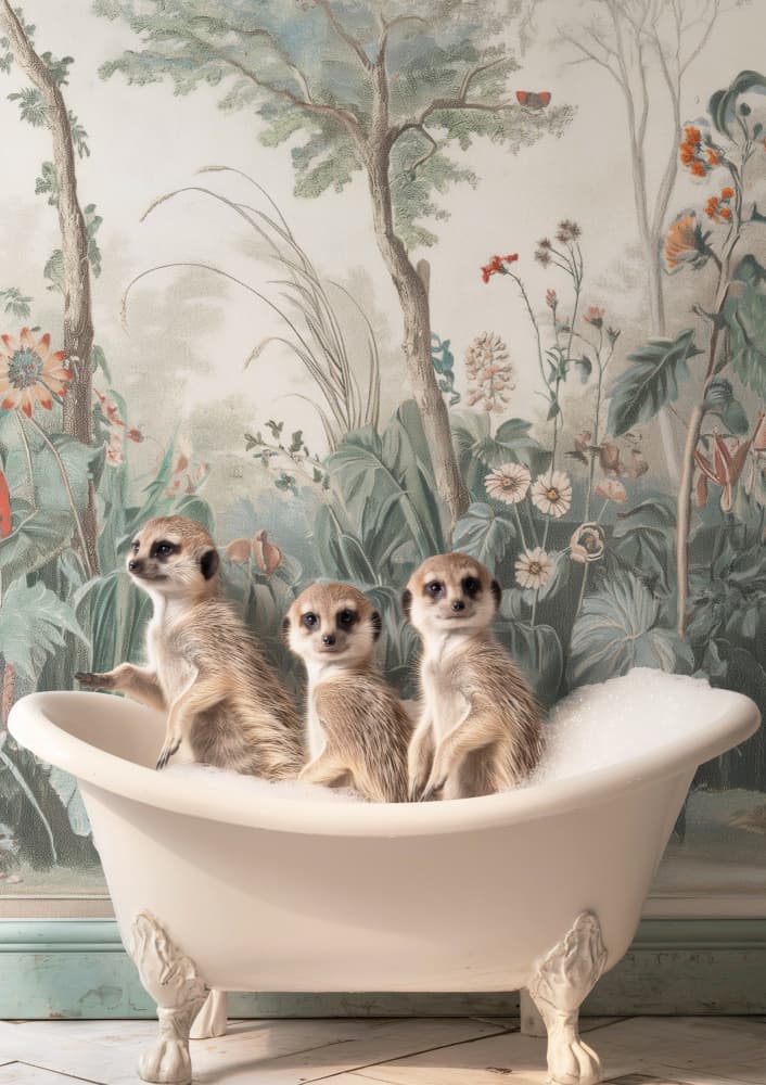 Three Meerkats Bathtime by Niky Rahner — canvas wall art