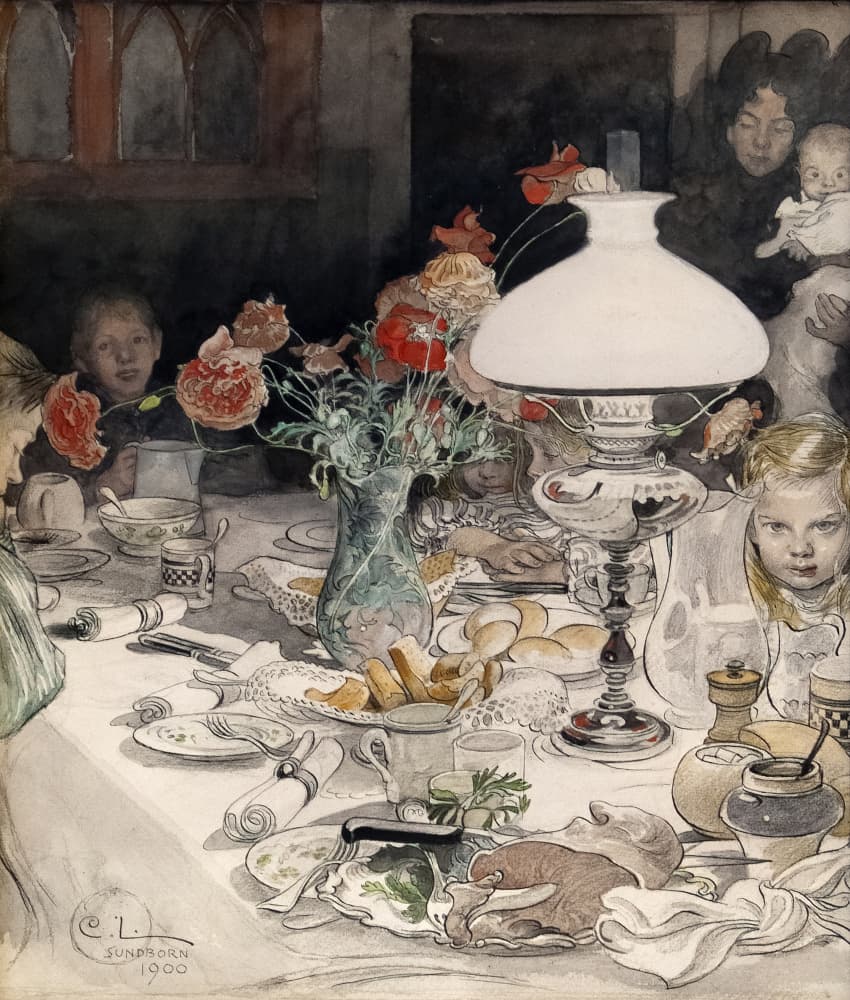Around the Evening Lamp (1900) by Carl Larsson — canvas wall art