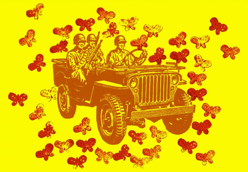 Military Jeep Butterfly Swarm by Santhosh ch — canvas wall art