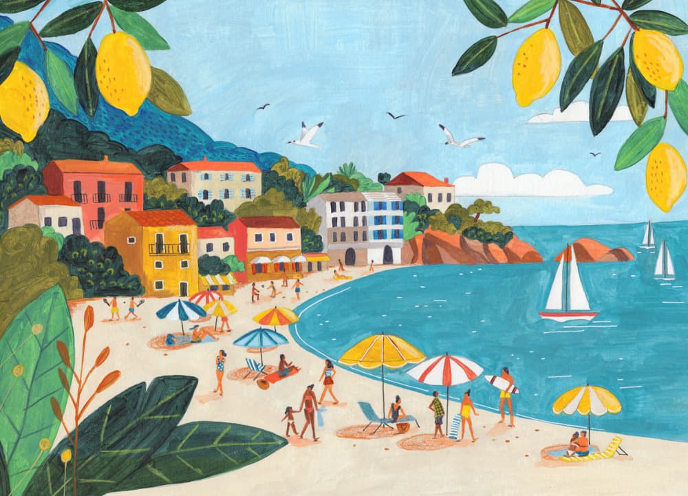 Sunny Lemon Coastal Town by Caroline Bonne Müller — canvas wall art