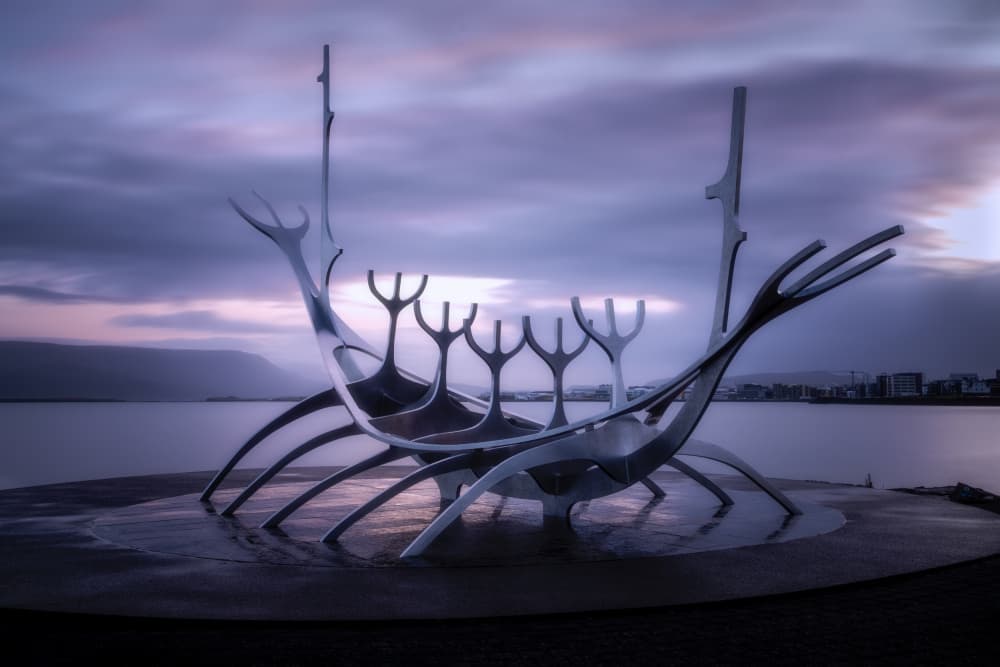 Purple Dusk Viking Ship by Dennis Zhang — canvas wall art