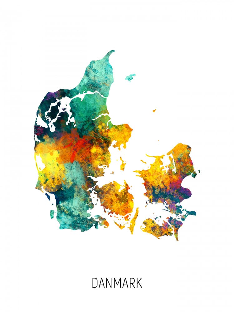 Colorful Denmark Map by Michael Tompsett — canvas wall art