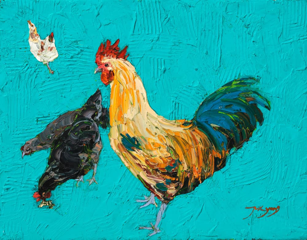 Vibrant Rooster and Hens by Jukyong Park — canvas wall art