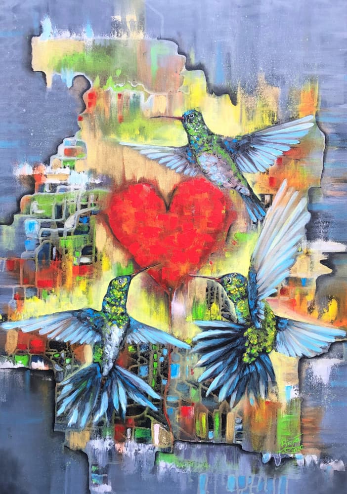 Vibrant Hummingbirds Heart by Anda Bieza — canvas wall art