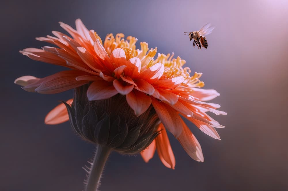 Hovering Bee Orange Flower by Edy Pamungkas — canvas wall art