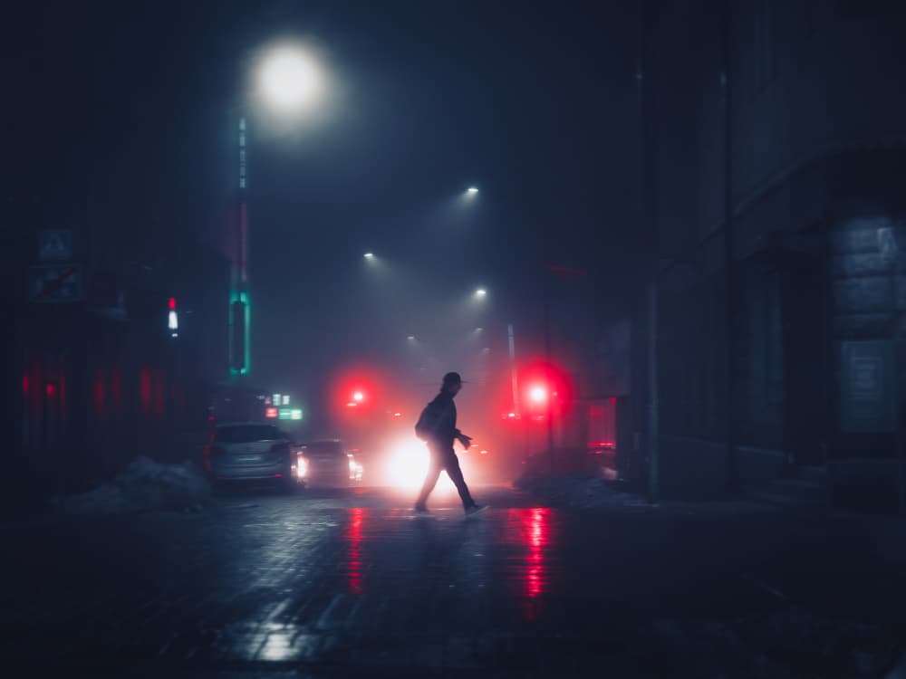 Foggy City Night Walk by Petri Damstén — canvas wall art