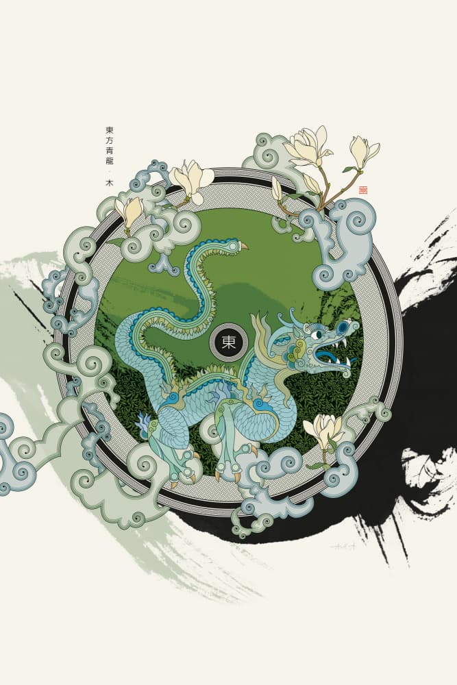 Blue Dragon And Magnolia by Thoth Adan — canvas wall art