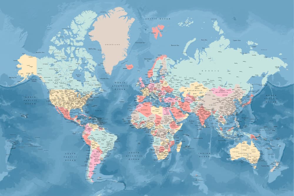 Colorful Political World Map by Rosana Laiz Blursbyai — canvas wall art
