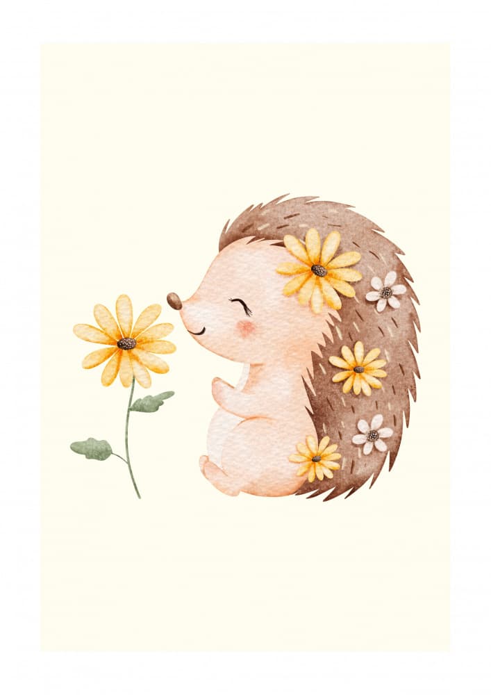Happy Hedgehog Smelling Daisy by Saskia Michele — canvas wall art