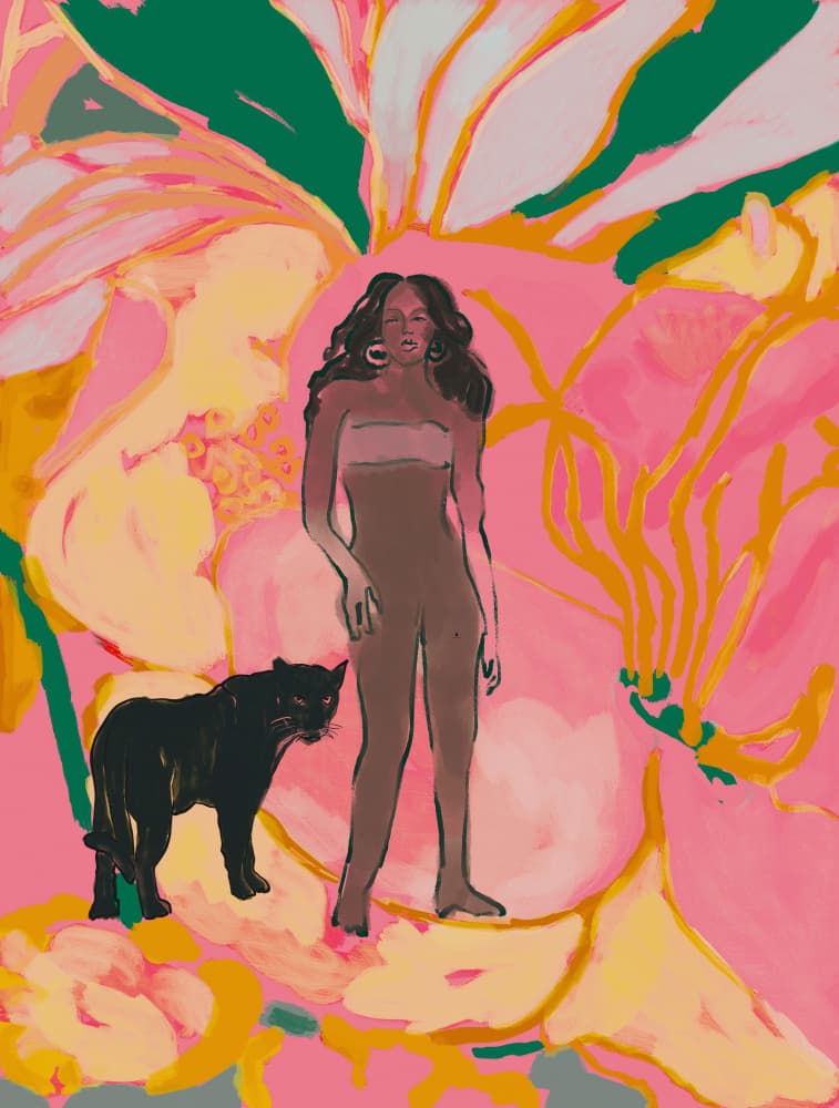 Pink Floral Woman and Panther by Beate Tubach — canvas wall art