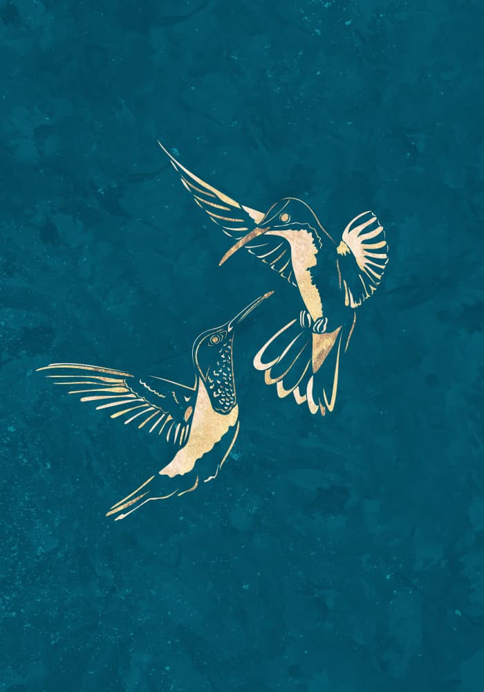 Golden Hummingbirds in Flight by Sarah Manovski — canvas wall art
