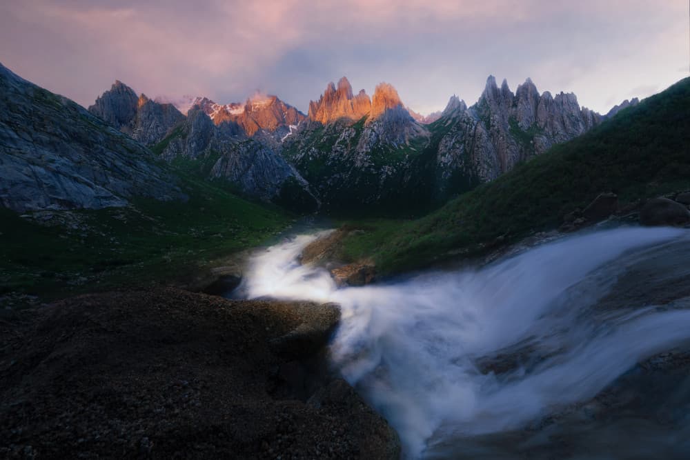 Golden Peaks River Valley by Leah Xu — canvas wall art