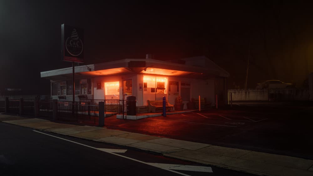 Orange Glow Roadside Shop by Scott J. Pilla — canvas wall art