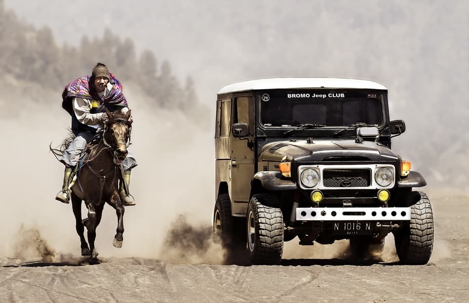 Desert Horse and Jeep Race by Sebastian Kisworo — canvas wall art