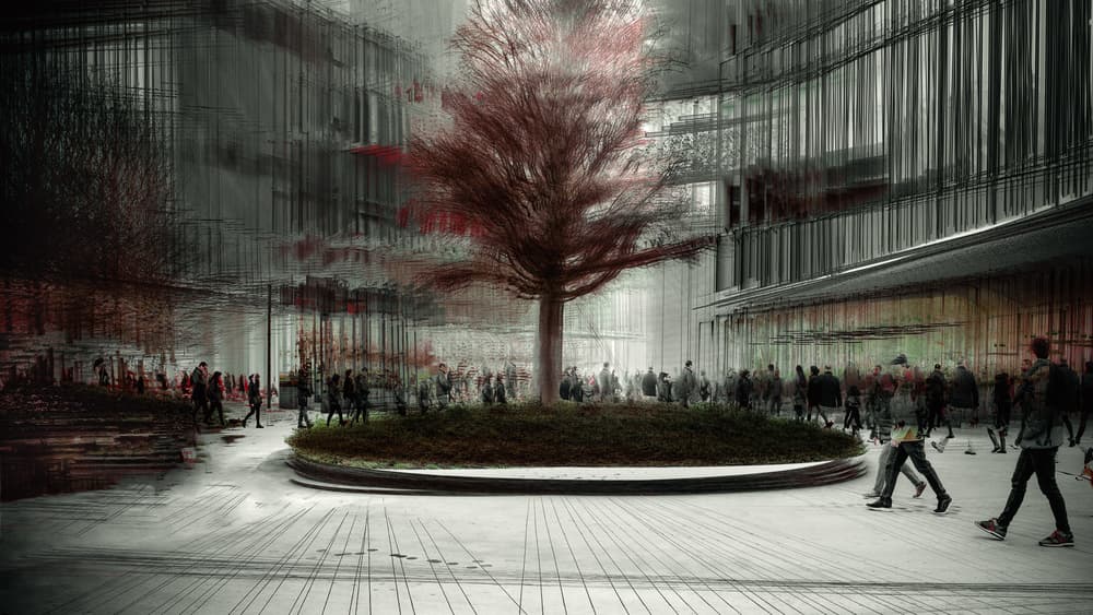 Red Tree Urban Flow by Marco Antonio Cobo — canvas wall art