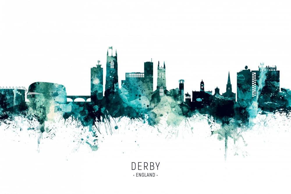 Derby Watercolor Skyline by Michael Tompsett — canvas wall art