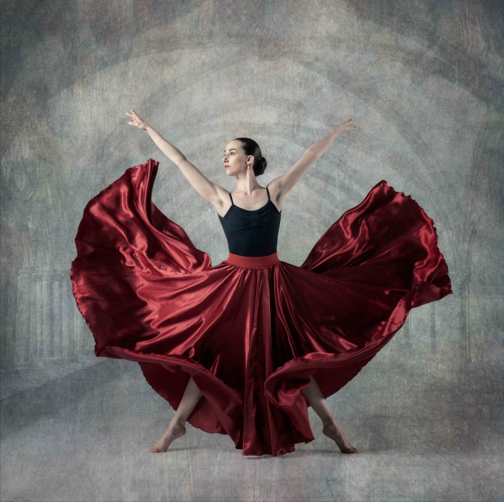 Dramatic Red Skirt Dance by Derwood — canvas wall art