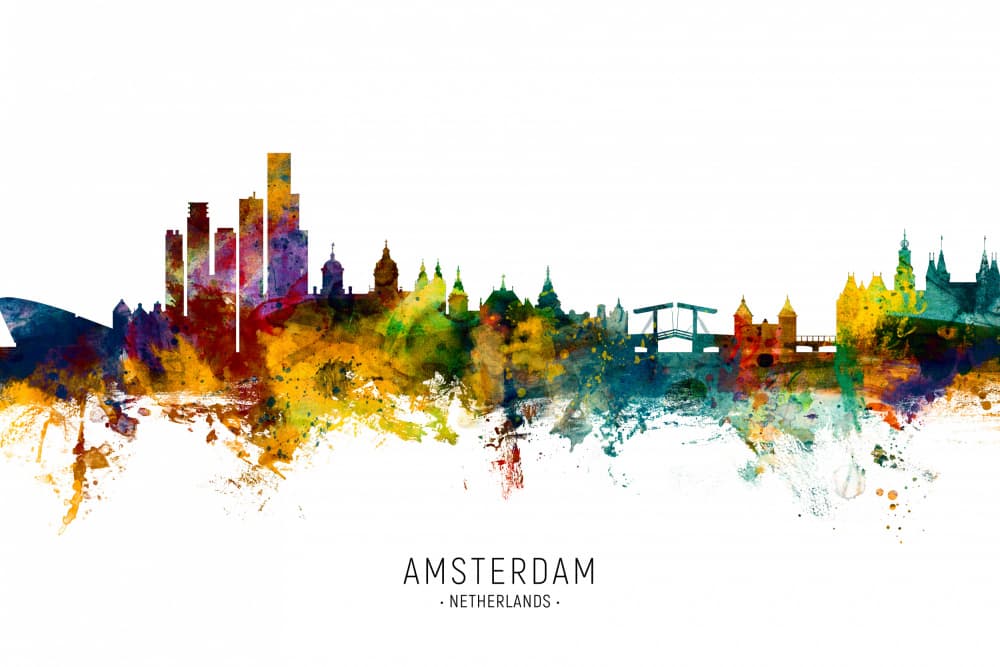 Vibrant Amsterdam Skyline by Michael Tompsett — canvas wall art