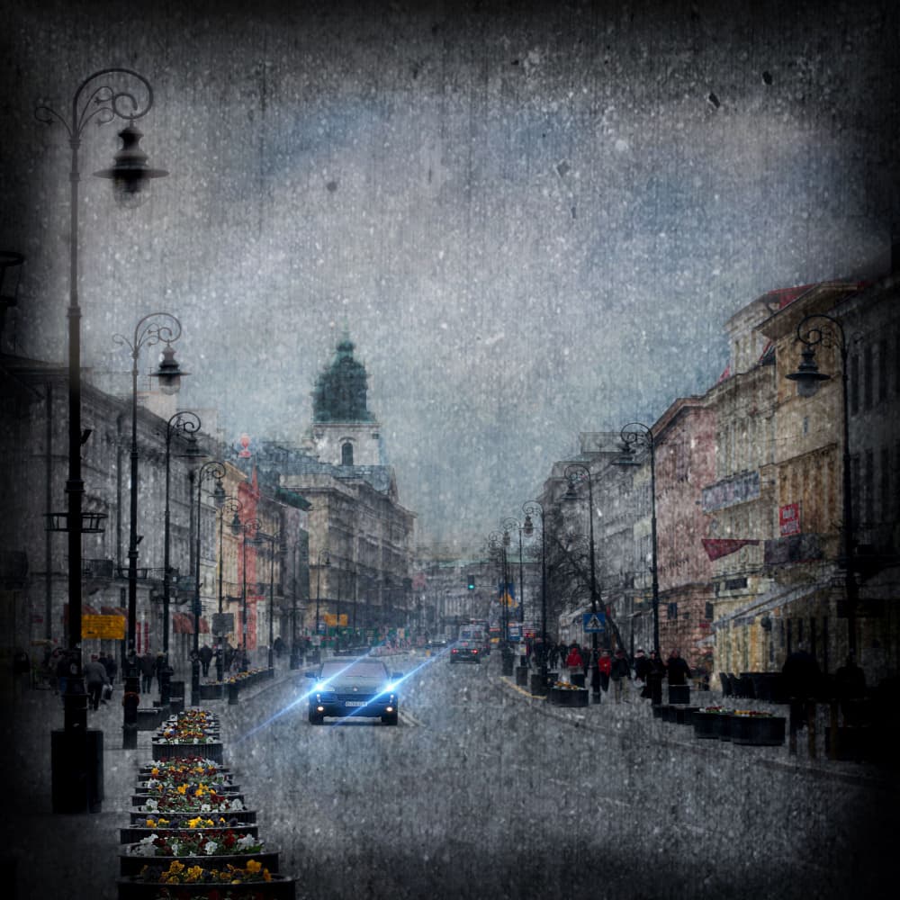 City Street Headlights Glow by Raffaele Corte — canvas wall art
