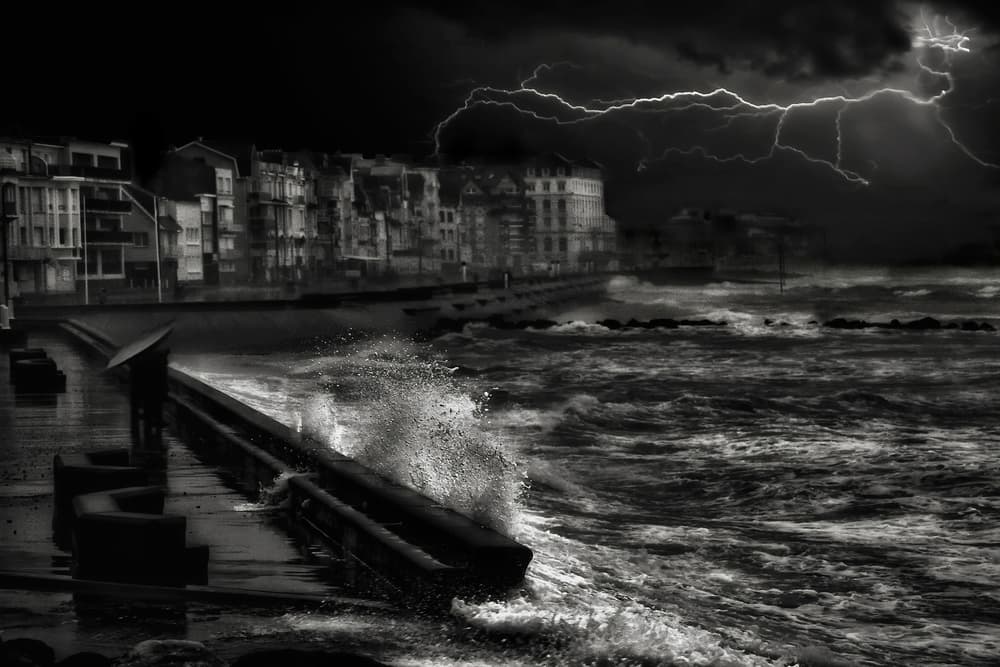 Lightning Over Coastal City by Yvette Depaepe — canvas wall art