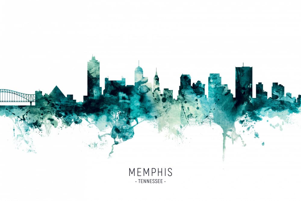 Memphis Teal Cityscape by Michael Tompsett — canvas wall art