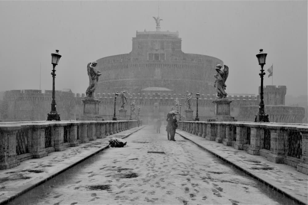 Castel Sant'Angelo Snowfall by Barbara Orienti — canvas wall art