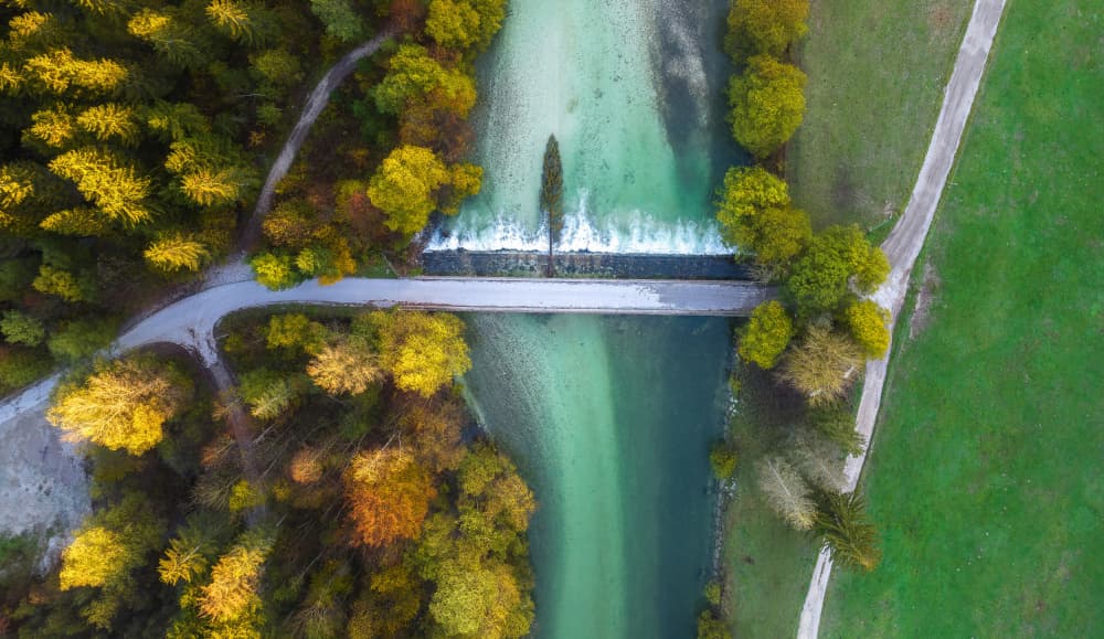 Autumn River Bridge View by Ales Krivec — canvas wall art