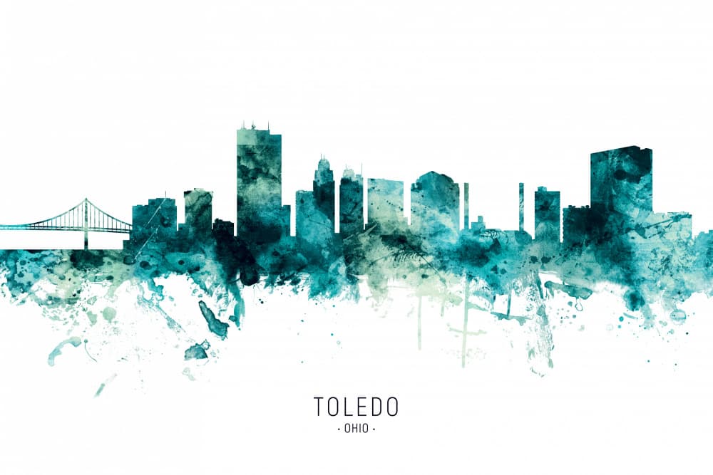 Toledo Ohio Skyline Watercolor by Michael Tompsett — canvas wall art