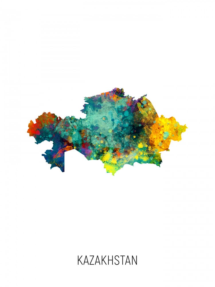 Colorful Kazakhstan Map by Michael Tompsett — canvas wall art
