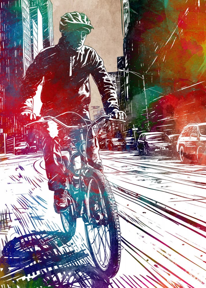 Dynamic City Cyclist by Justyna Jaszke — canvas wall art