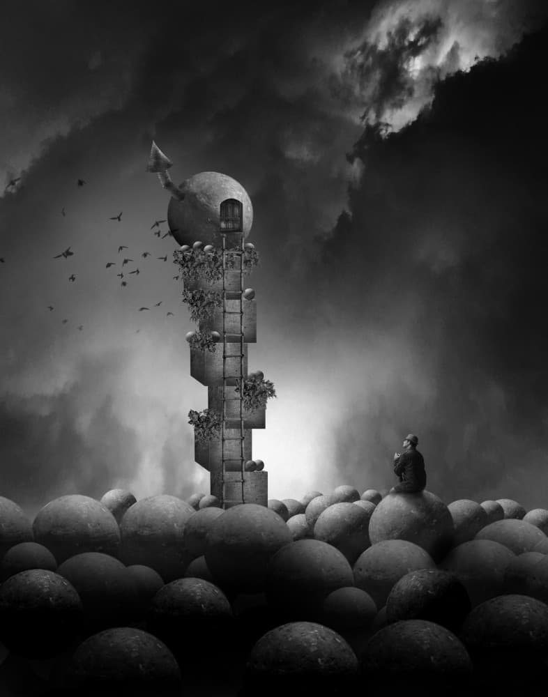 Lonely Man Contemplating Tower by Hari Sulistiawan — canvas wall art