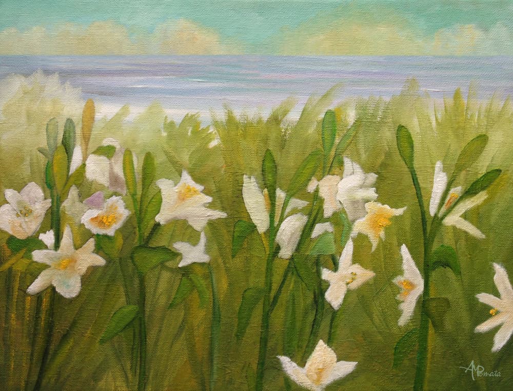 White Flowers Ocean View by Angeles M. Pomata — canvas wall art
