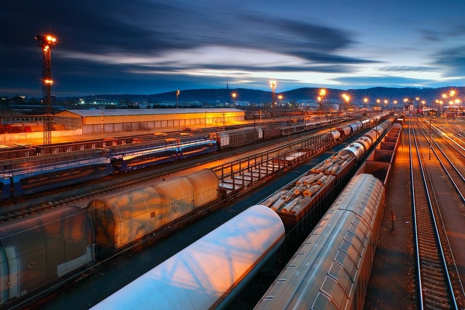 Night Cargo Train Yard by Tomas Sereda — canvas wall art