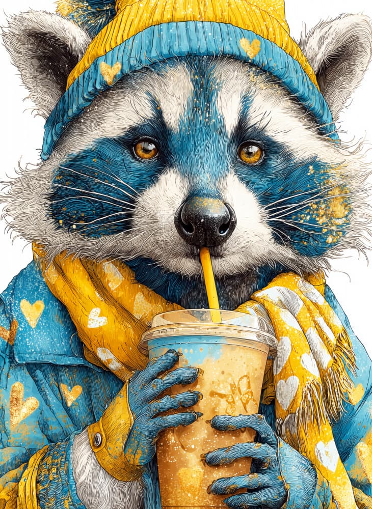 Cozy Raccoon Winter Drink by Justyna Jaszke — canvas wall art