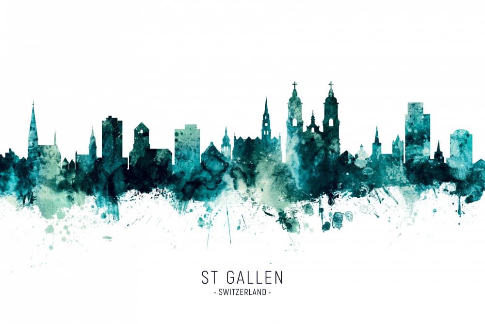 St Gallen Watercolor Skyline by Michael Tompsett — canvas wall art