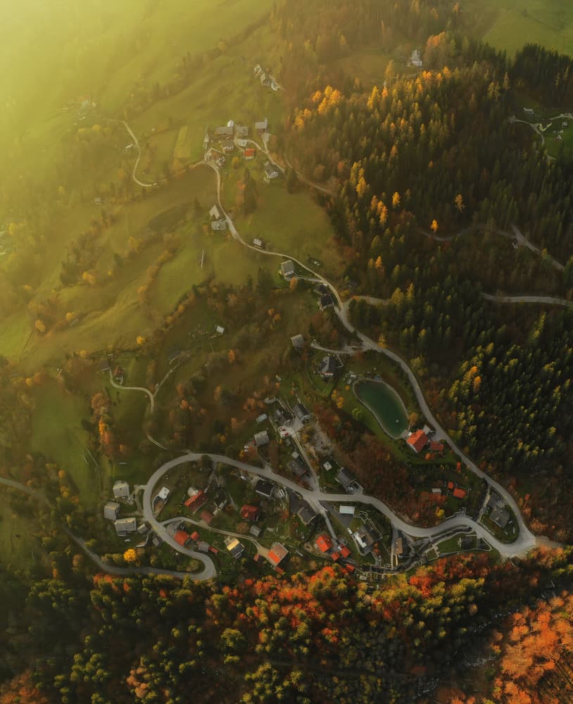 Autumn Mountain Village Aerial by Ales Krivec — canvas wall art
