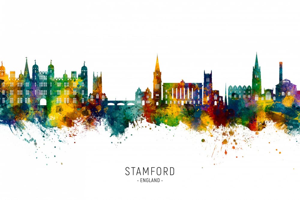 Stamford England Watercolor Skyline by Michael Tompsett — canvas wall art
