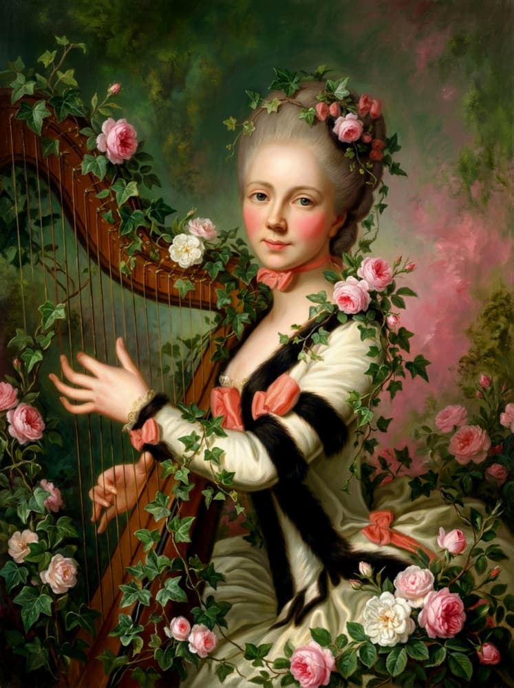 Elegant Harpist and Roses by Marja van den Hurk — canvas wall art