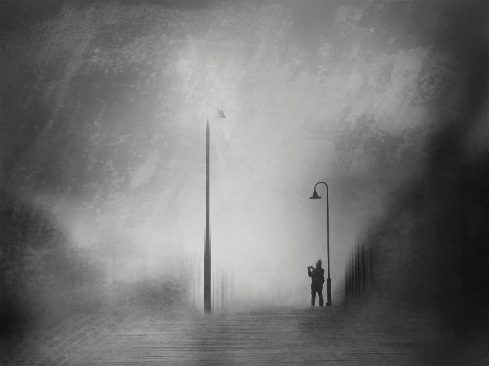 Solitary Figure Foggy Path by Lammakmak — canvas wall art