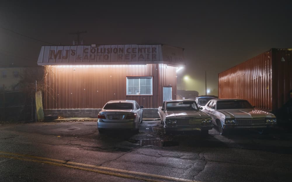 Night Auto Repair Shop by Scott J. Pilla — canvas wall art