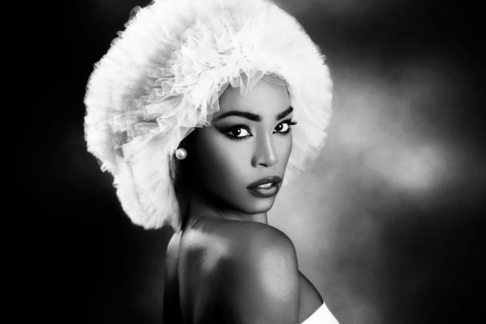 Elegant Ruffled Headpiece Portrait by Peppe Tambè — canvas wall art