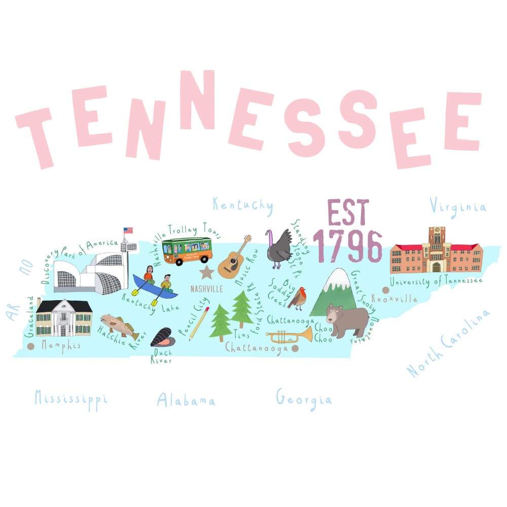 Illustrated Tennessee Map by Carla Daly — canvas wall art