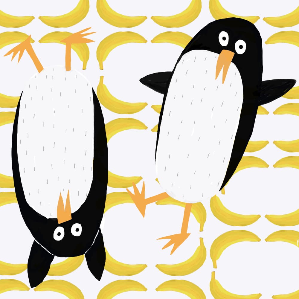 Playful Penguins Bananas by Carla Daly — canvas wall art
