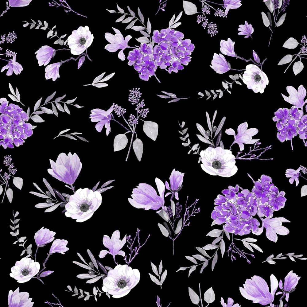 Floral Bouquets Pattern Lavender Black by Anis Illustration — canvas wall art