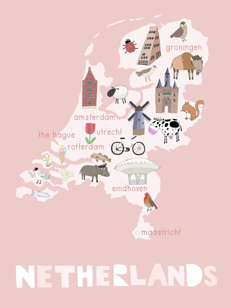 Cute Netherlands Cartoon Map by Carla Daly — canvas wall art
