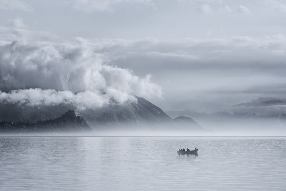 Misty Mountain Lake Boat by Uschi Hermann — canvas wall art